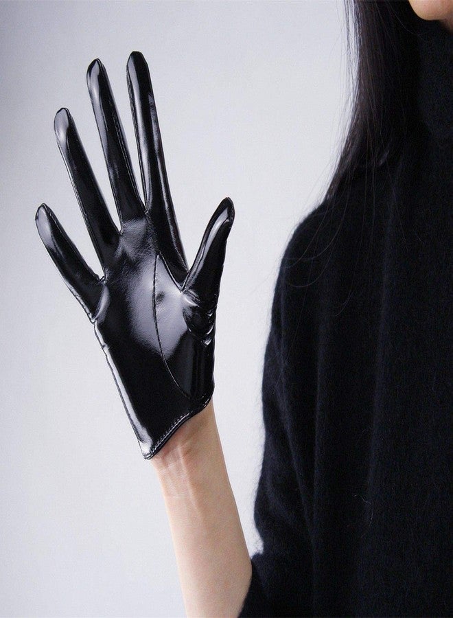 DooWay Black Latex Women Short Gloves 6" 16cm Shine PU Leather Faux Patent Everyday Fashion Warm Gloves - Image 5